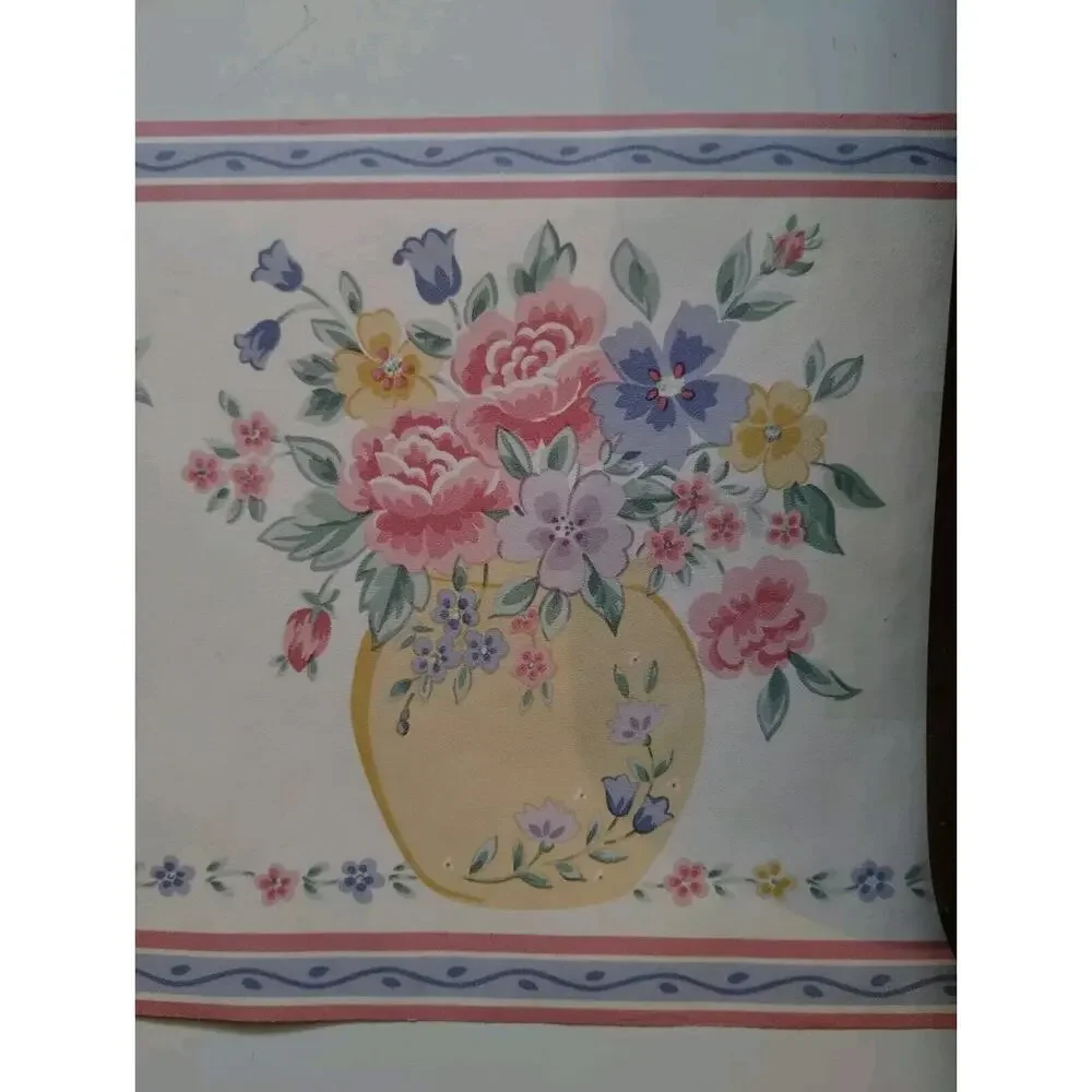 Pre-pasted Decorative Wall Border - Vases with Flowers - Pink Purple Yellow 5 yd
